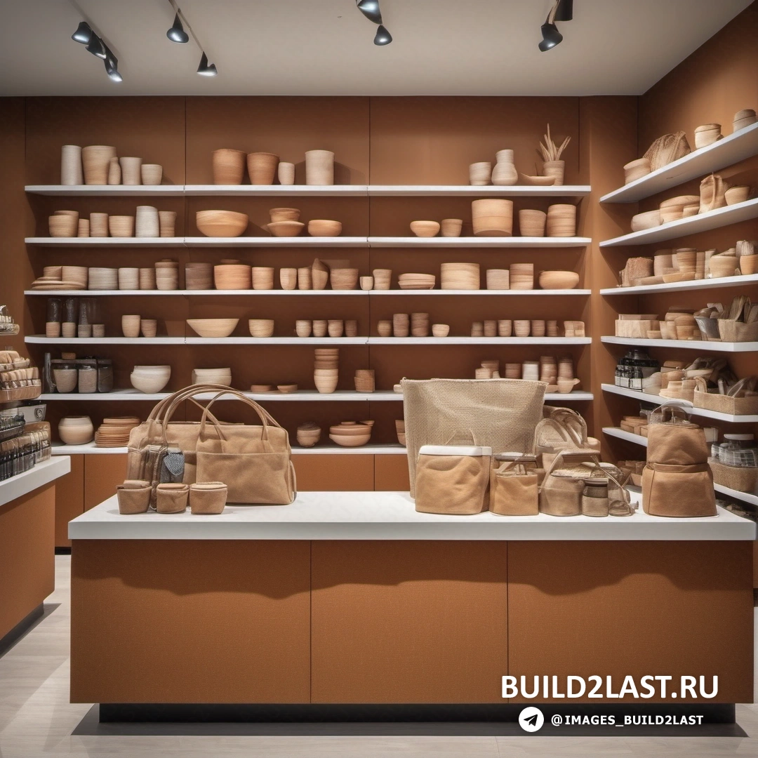 Движение декоративно-прикладного искусства - цифровой рендеринг. Магазин с множеством полок и сумок на полках.