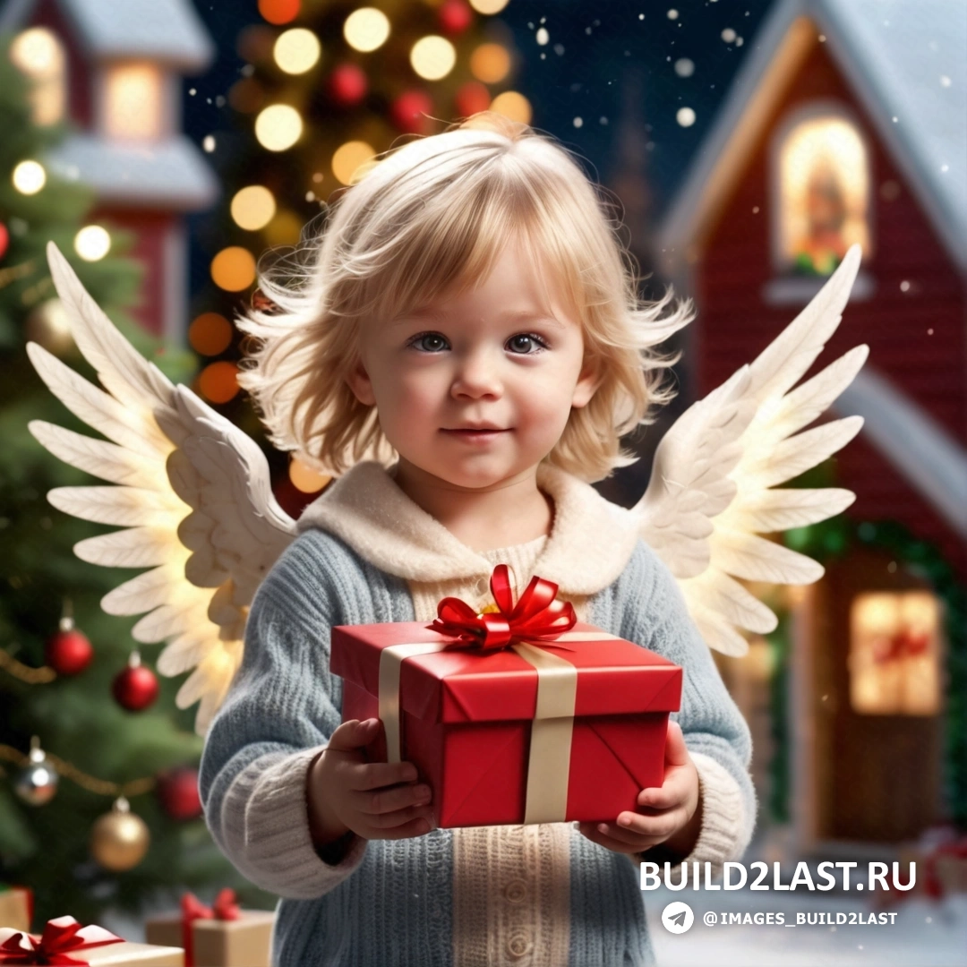 маленькая девочка держит красную подарочную коробку с крыльями и рождественскую елку с включенными огнями