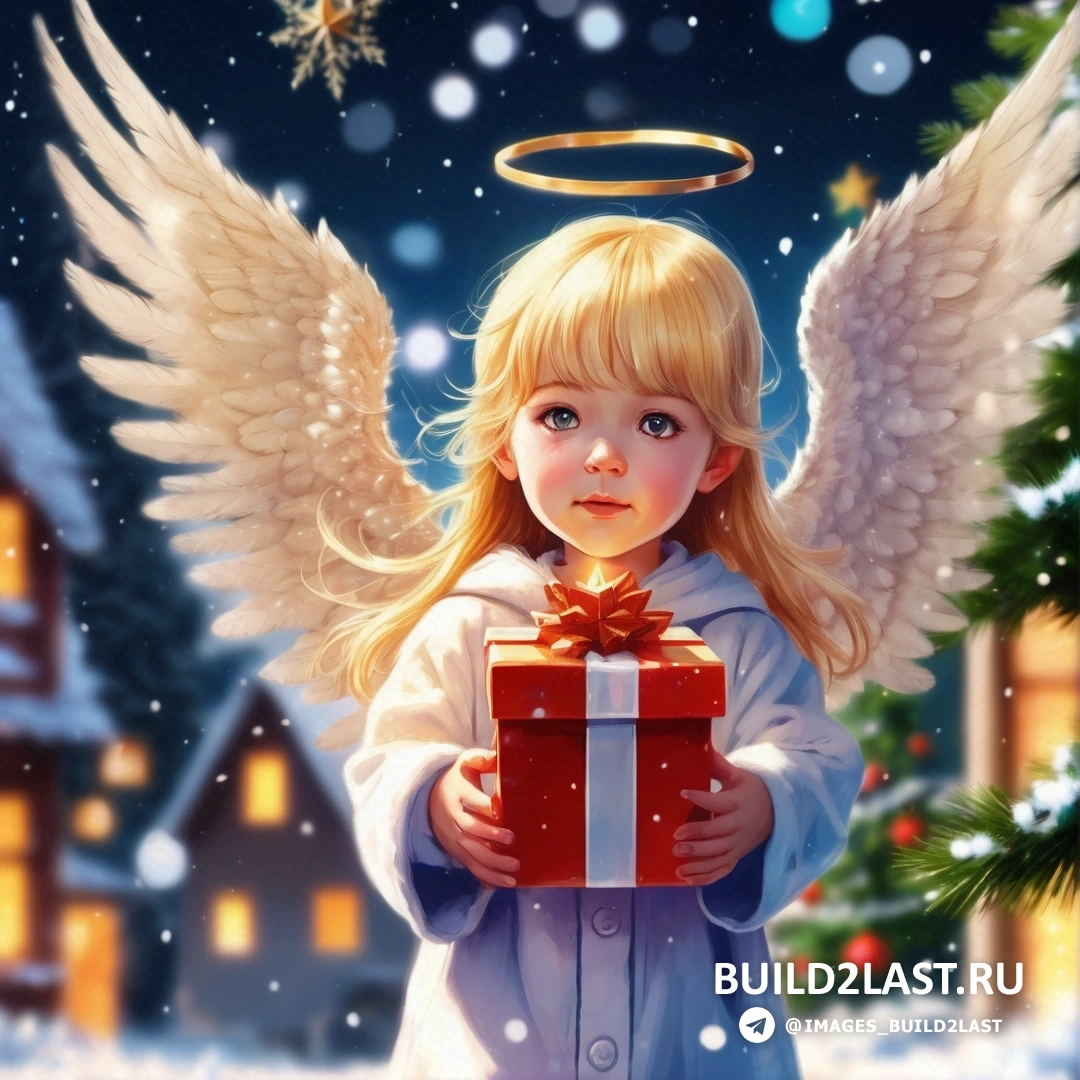 маленькая девочка держит подарок с крыльями ангела над головой и рождественской елкой