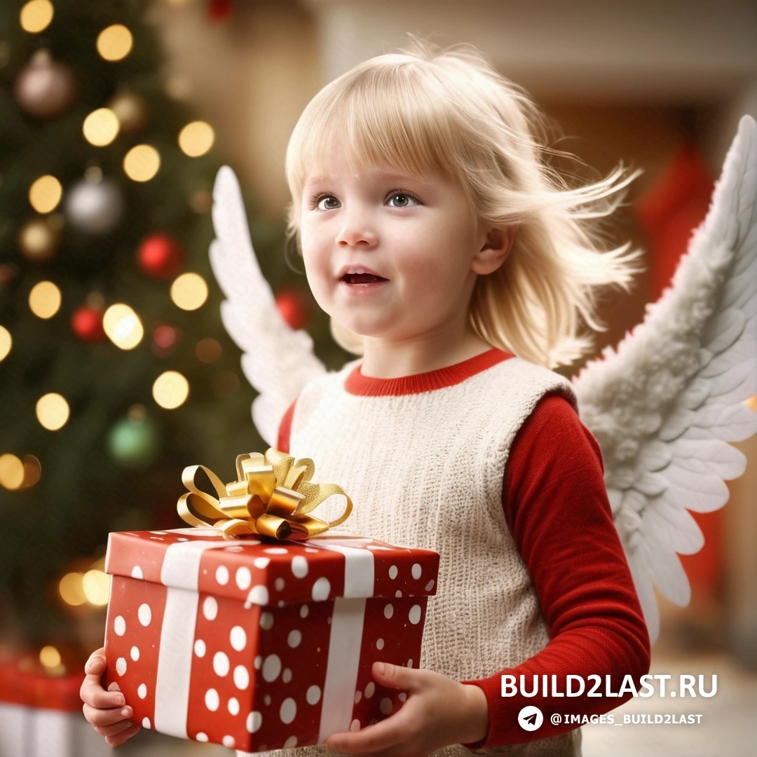маленькая девочка держит подарок перед рождественской елкой