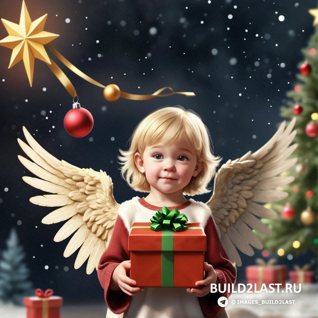 маленькая девочка держит подарок под рождественской елкой
