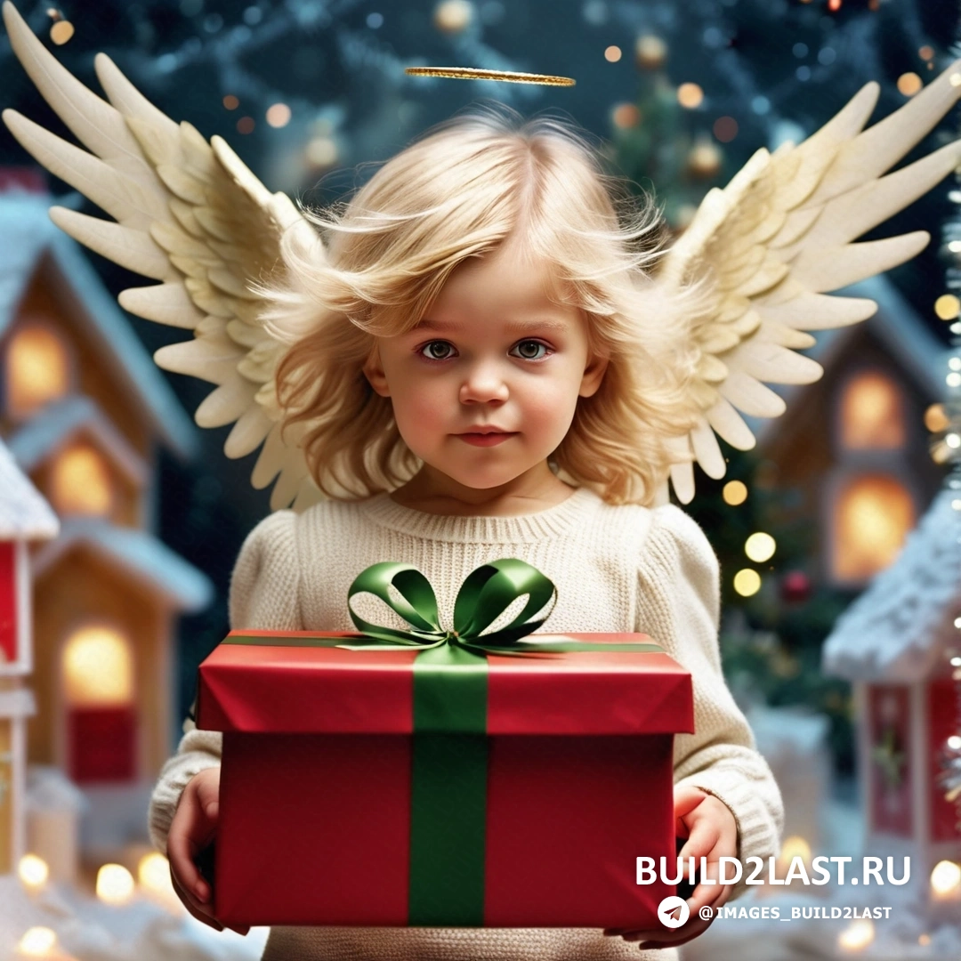 маленькая девочка держит подарок с ангельскими крыльями наверху и рождественской елкой