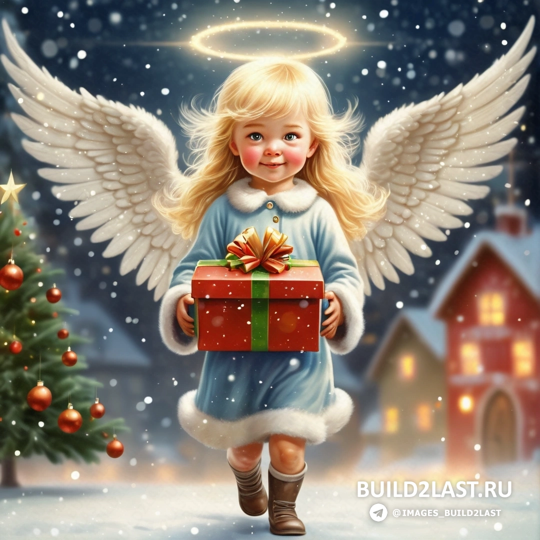 маленькая девочка с ангельскими крыльями держит подарок перед рождественской елкой с восходящей звездой