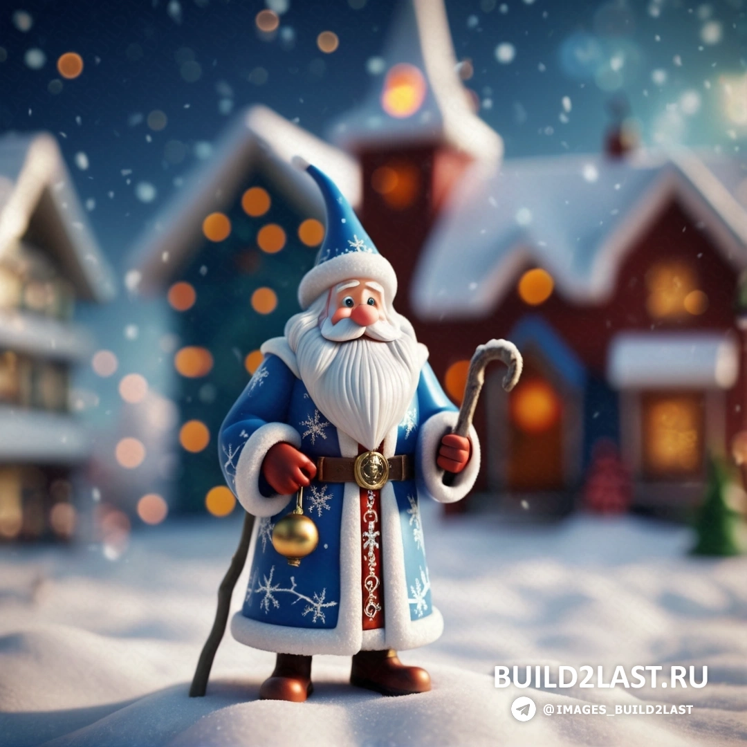 маленькая фигурка Санта-Клауса в снегу с рождественской елкой и домом