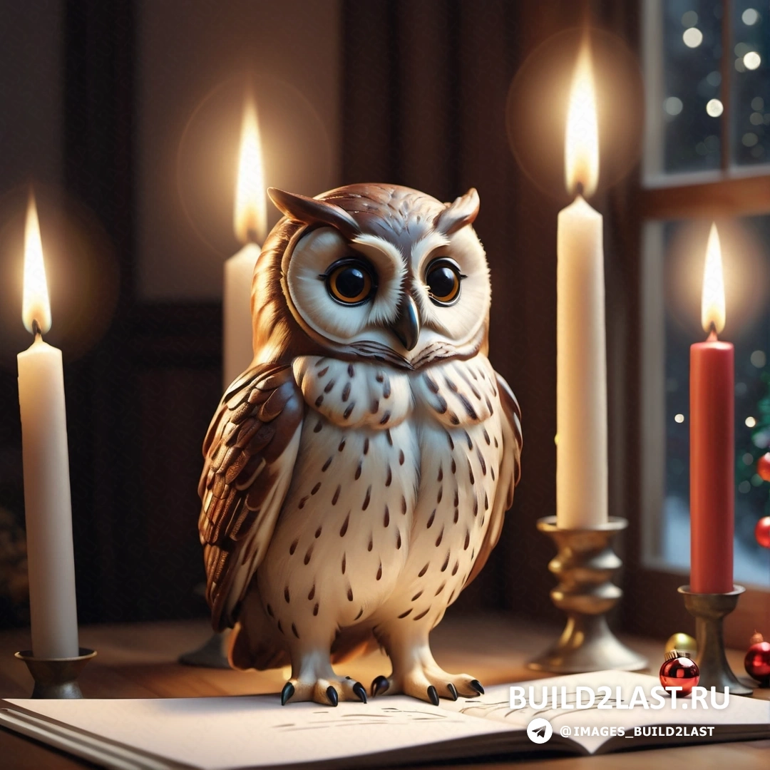 маленькая фигурка совы, на книге рядом со свечами и елкой