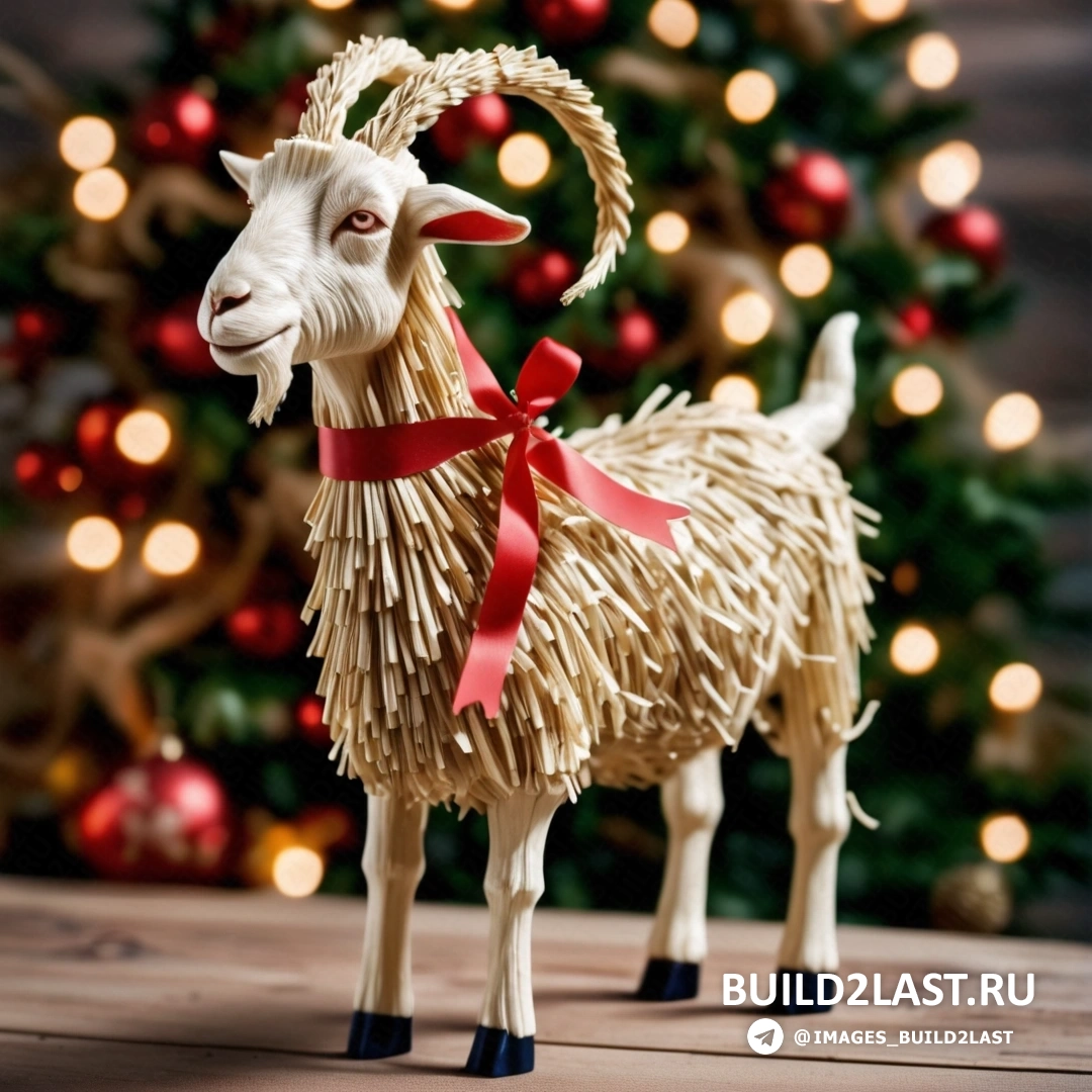 маленькая коза из соломы с рождественской елкой с огнями и красной лентой