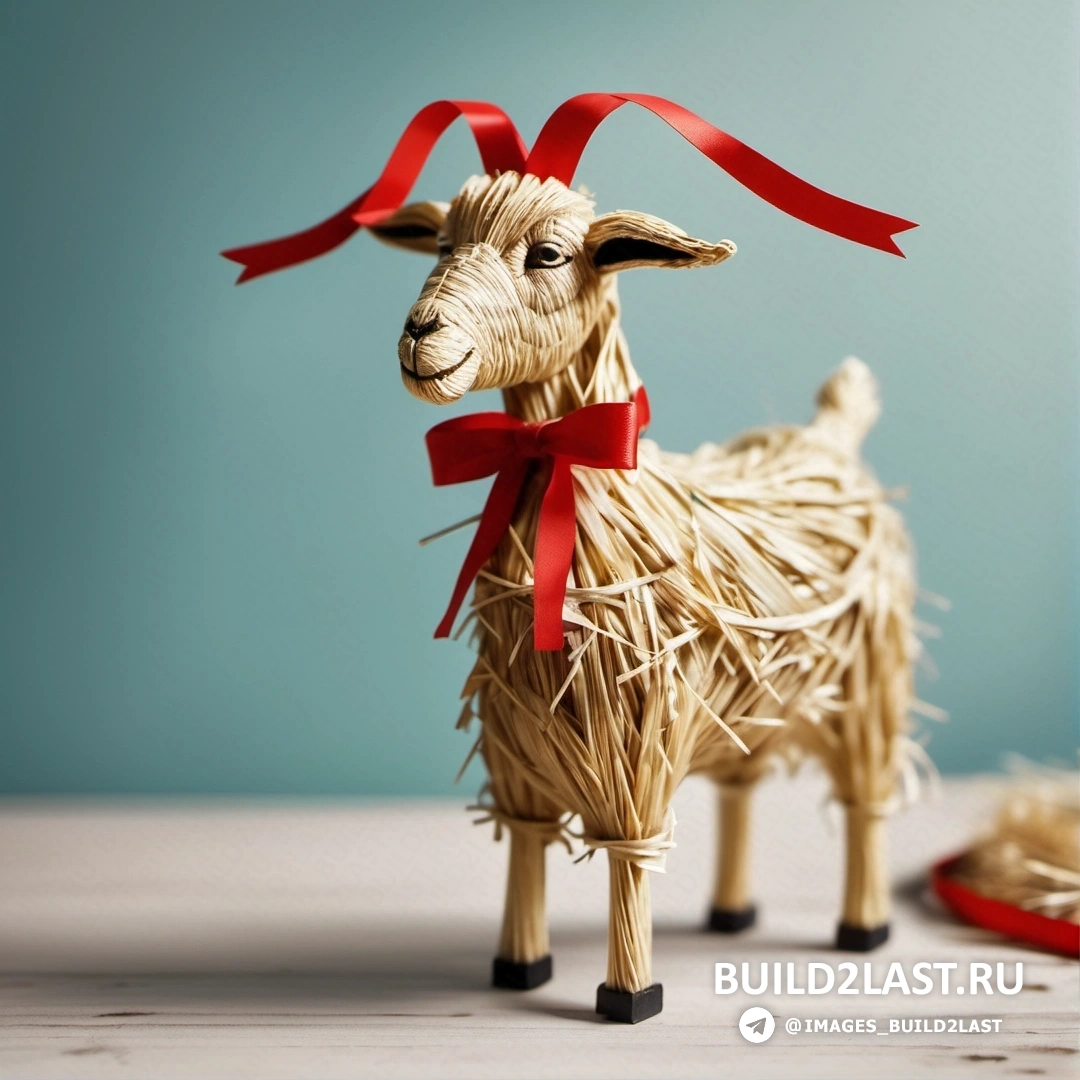 маленькая коза из соломы с красной лентой на шее и голове, стоящая на столе