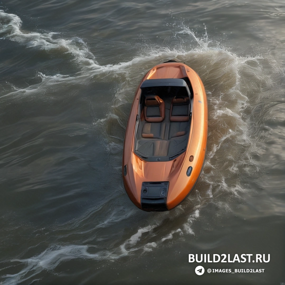 Панфутуризм - цифровая визуализация. Небольшая лодка в воде с мотором сбоку и сиденьем спереди