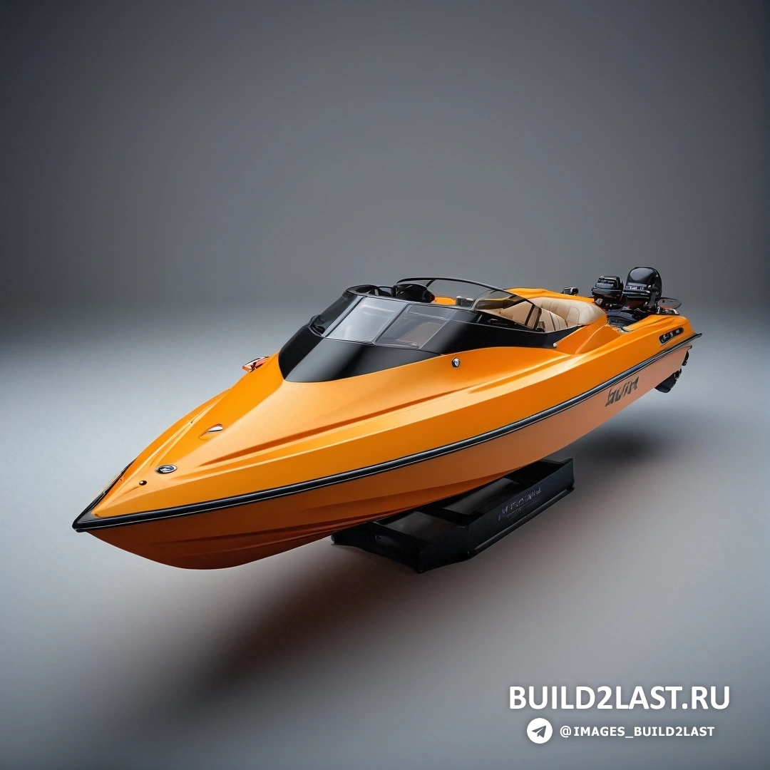 Фотореализм - 3D-рендер. Маленькая оранжевая лодка стоит на черной подставке с серым фоном