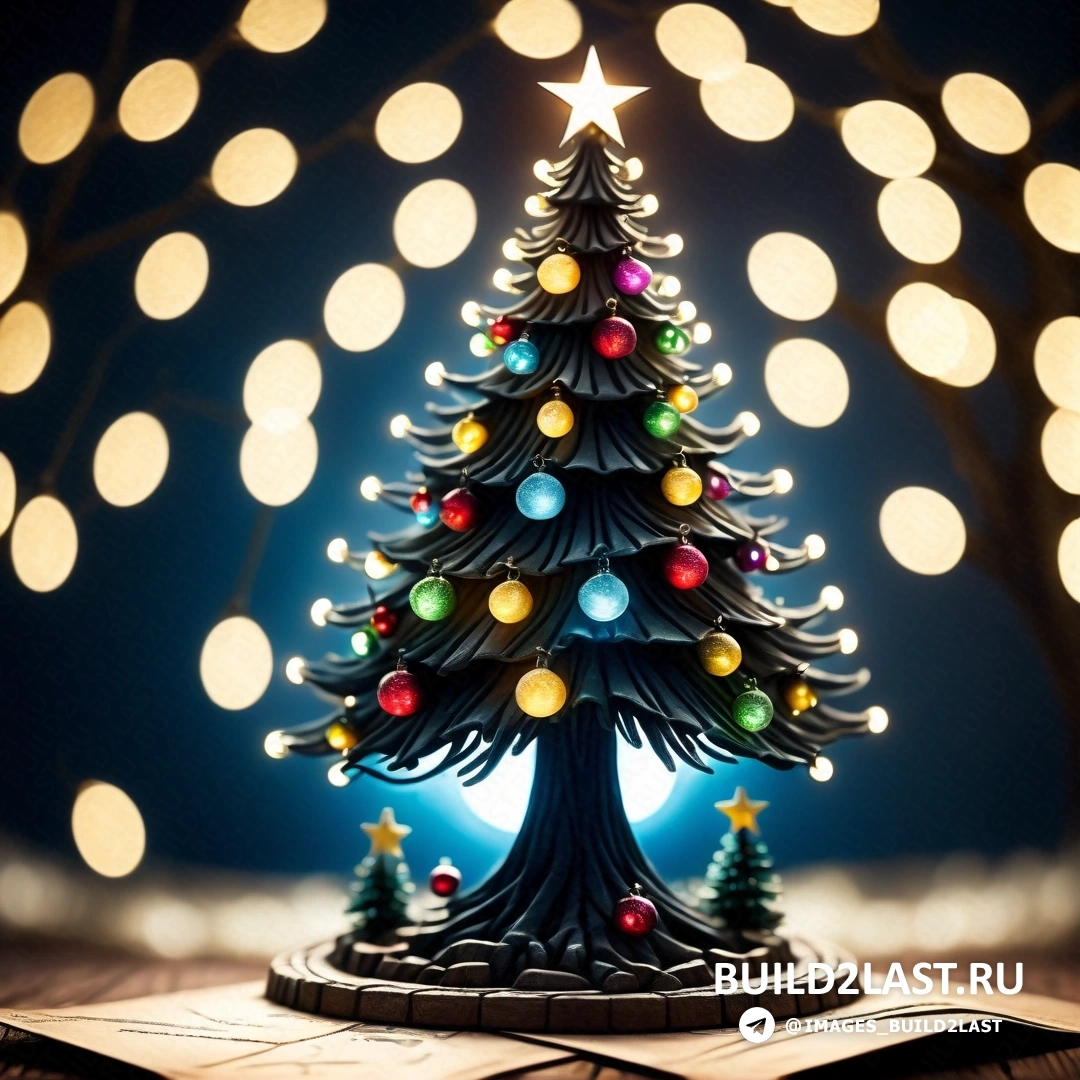 маленькая рождественская елка с огнями на столе с книгой и освещенным фоном огней