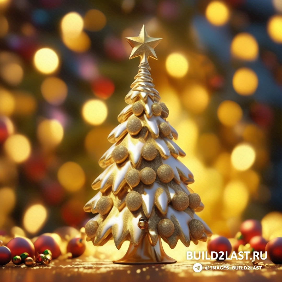 маленькая рождественская елка с золотыми звездами и другими украшениями на столе с размытым фоном