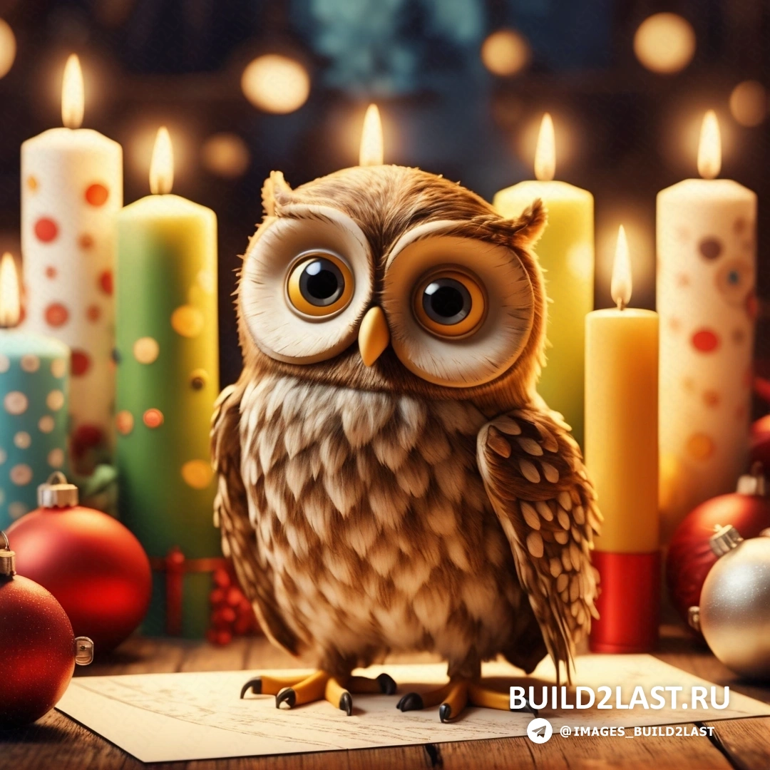 маленькая сова, на листе бумаги рядом со свечами и украшениями на столе