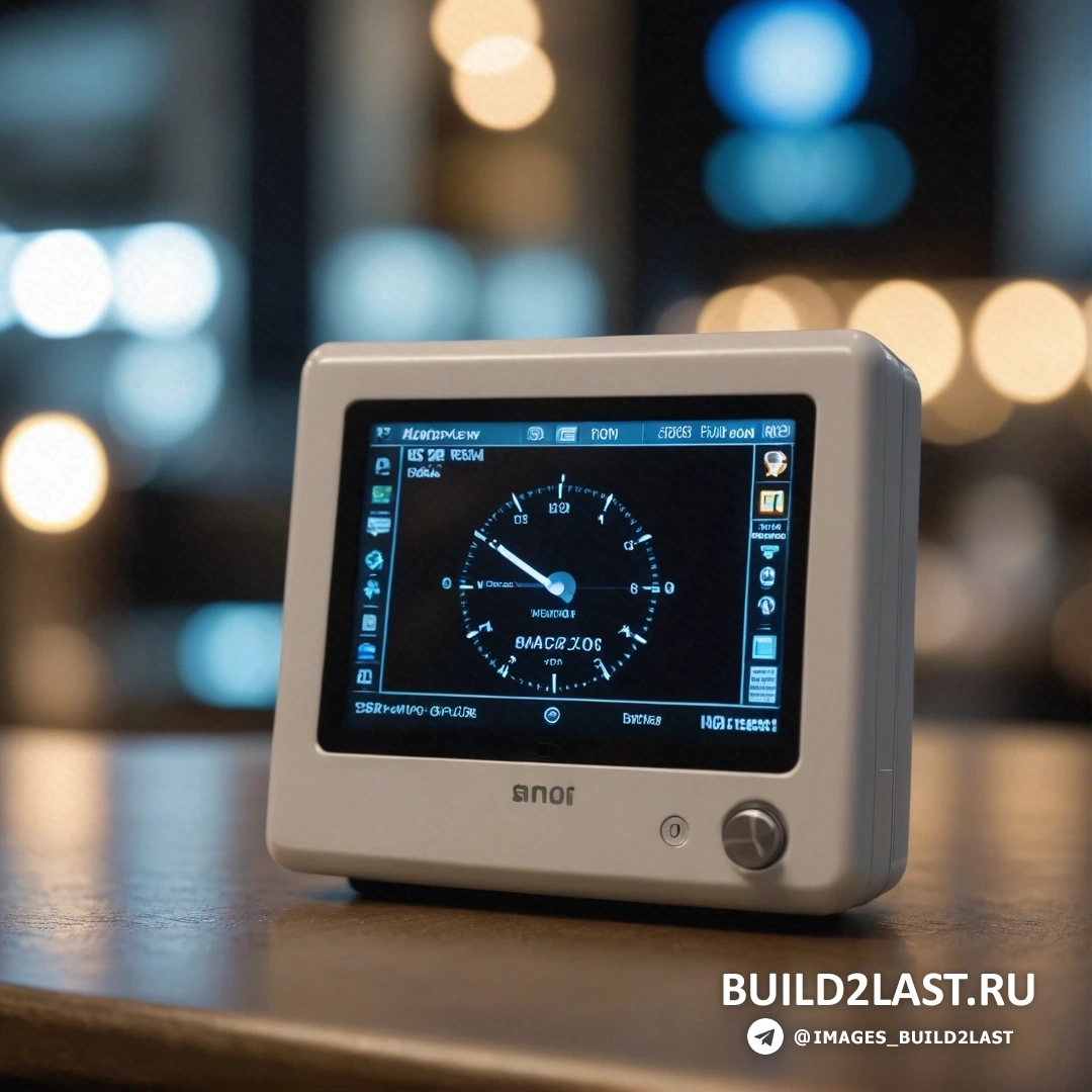 Пуризм - компьютерная визуализация. Маленькие белые часы на деревянном столе рядом с окном с подсветкой на заднем плане