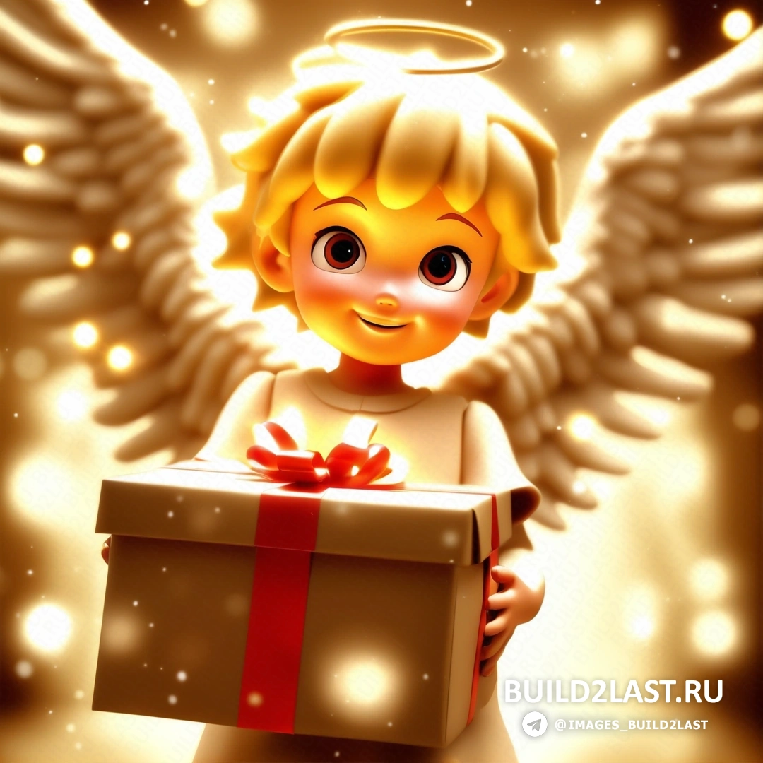 маленький ангелочек держит подарочную коробку с красным бантом и красной лентой на груди