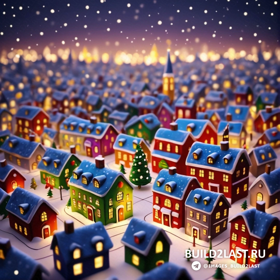 маленький городок с множеством домов и деревьев в снегу в ночное время