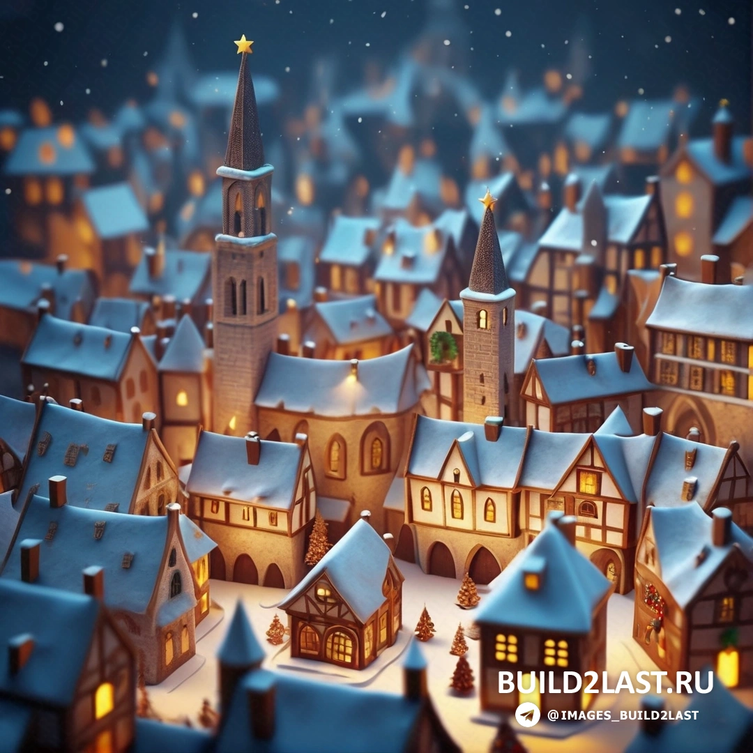 маленький городок с множеством домов и звездой на вершине в ночном небе со снегом