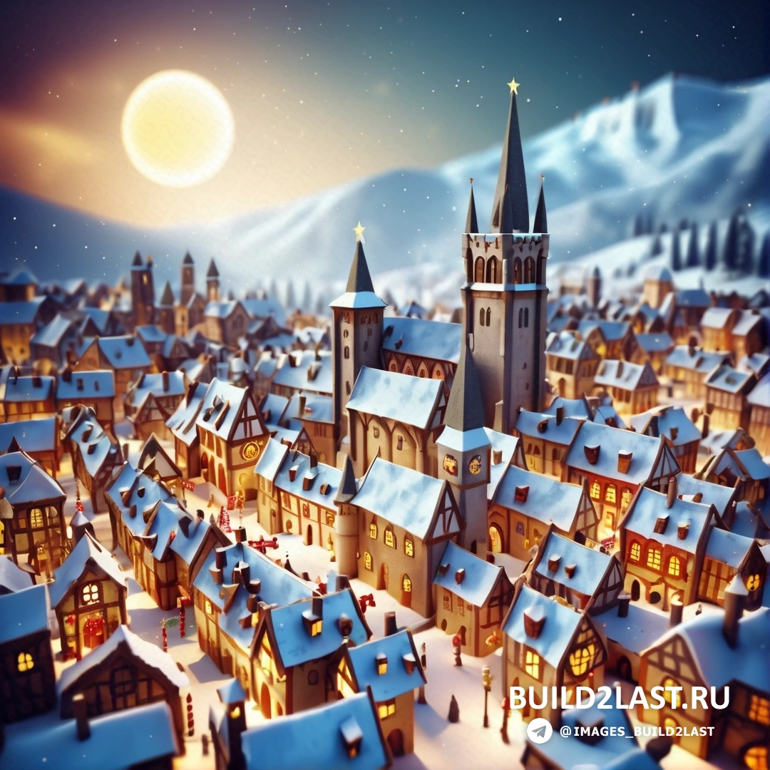 маленький городок с большим количеством снега на земле и полной луной в небе 