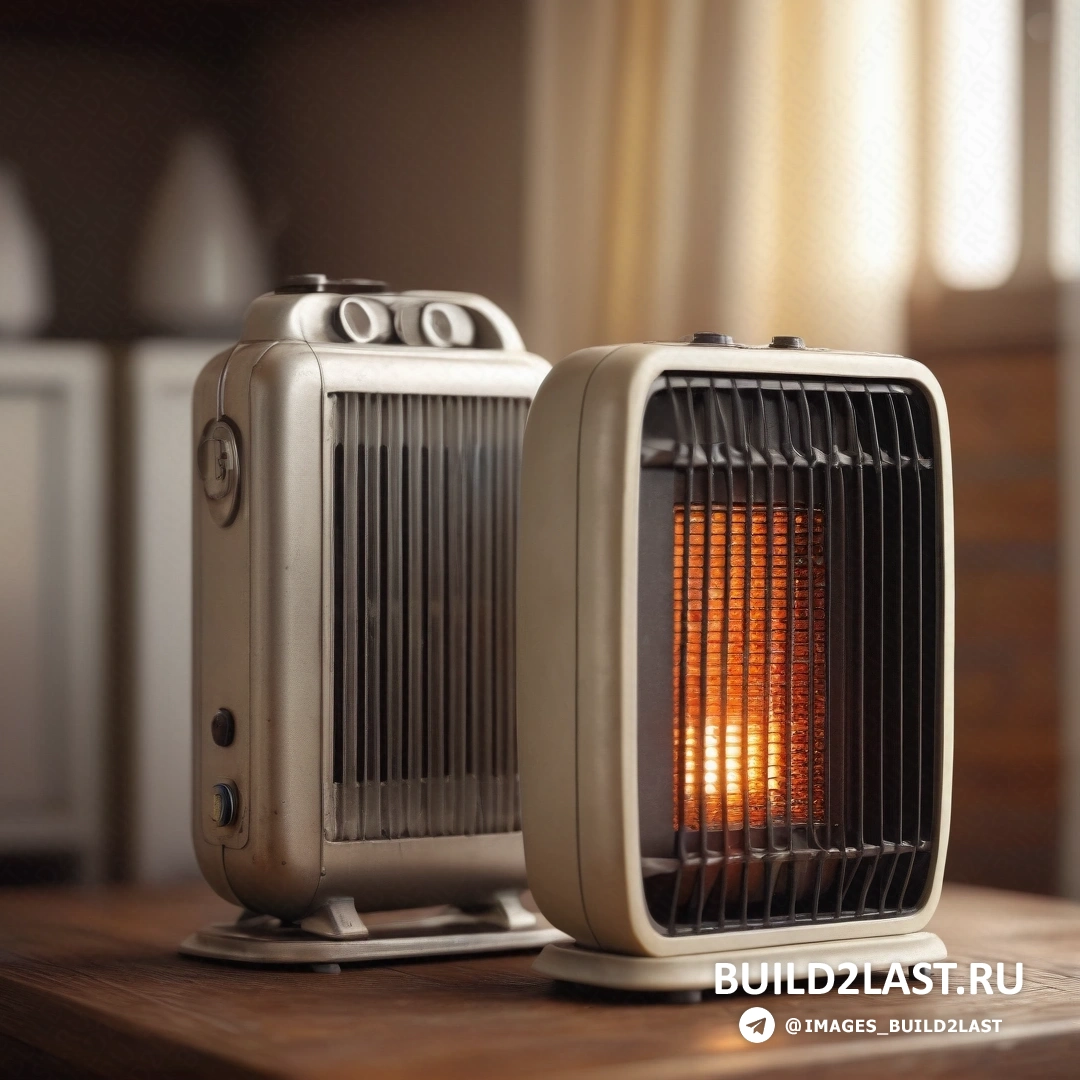 Фотореализм - фотография с наклоном и сдвигом. Маленький обогреватель на деревянном столе рядом с окном со шторами