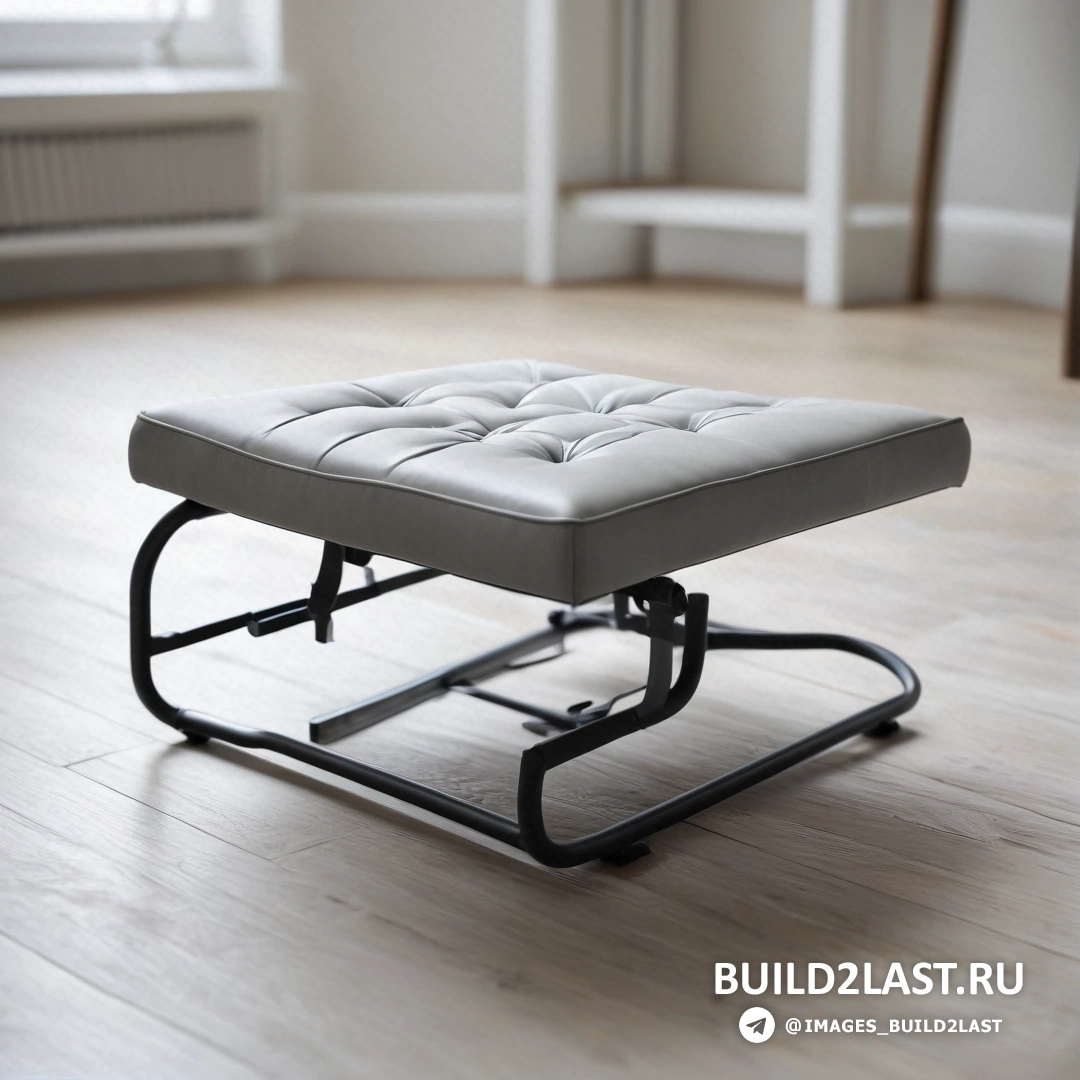 Модульный конструктивизм - 3D-рендеринг. Маленький пуфик на твердом деревянном полу в комнате со стулом и окном на заднем плане