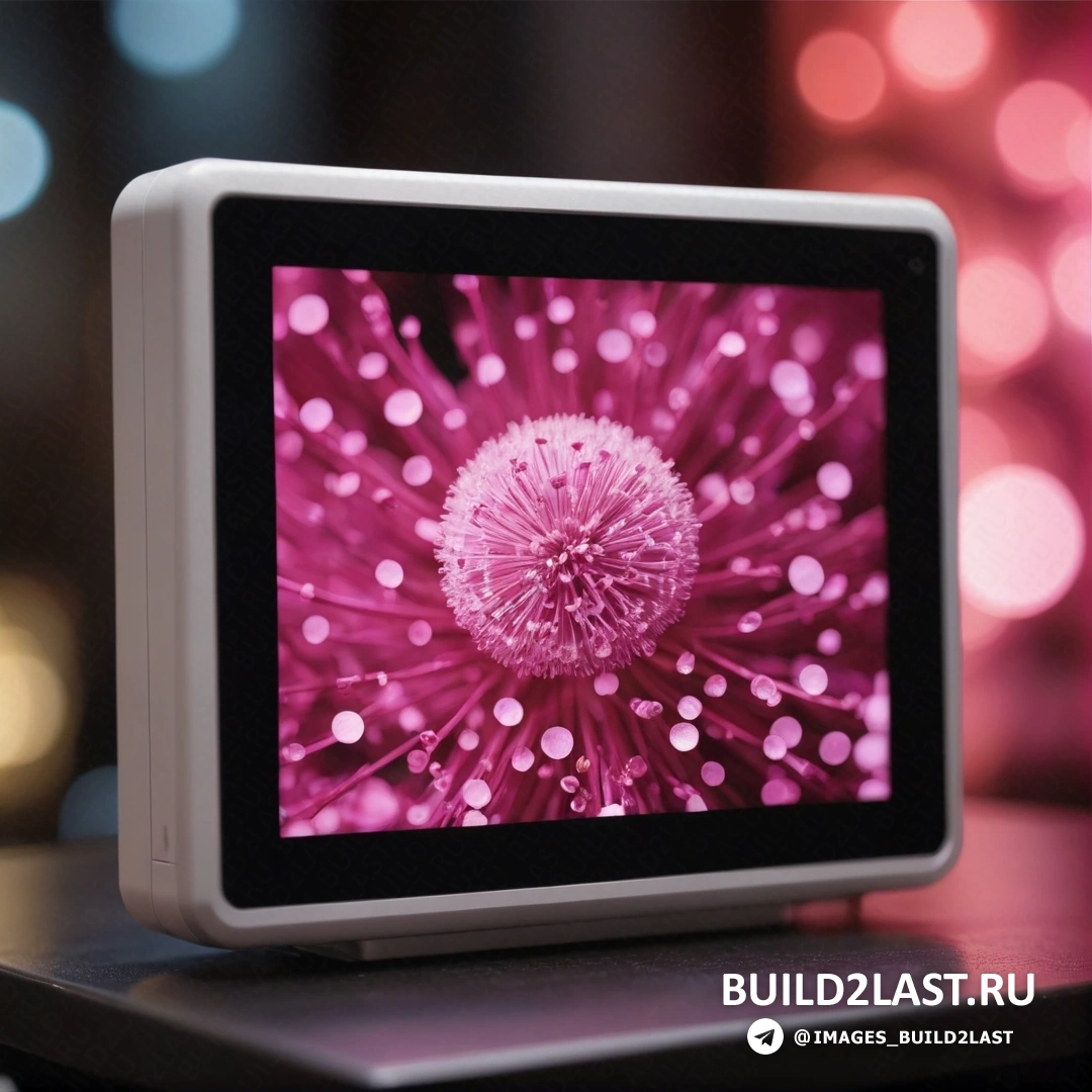 Видеоарт - компьютерная визуализация. Маленький телевизор с изображением цветка на экране и размытым фоном