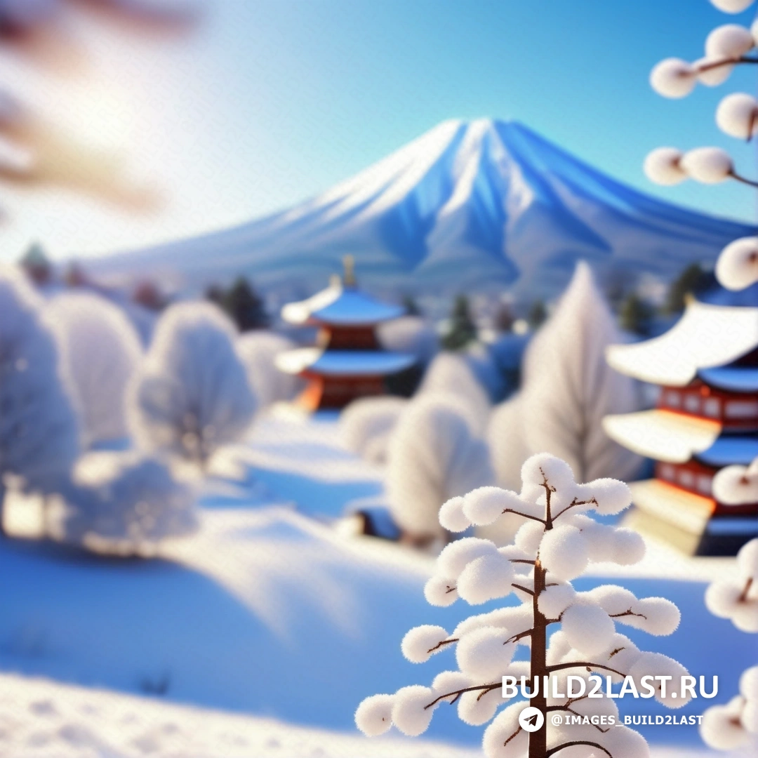 маленькое дерево, покрытое снегом, перед горой и пагоды, с голубым небом