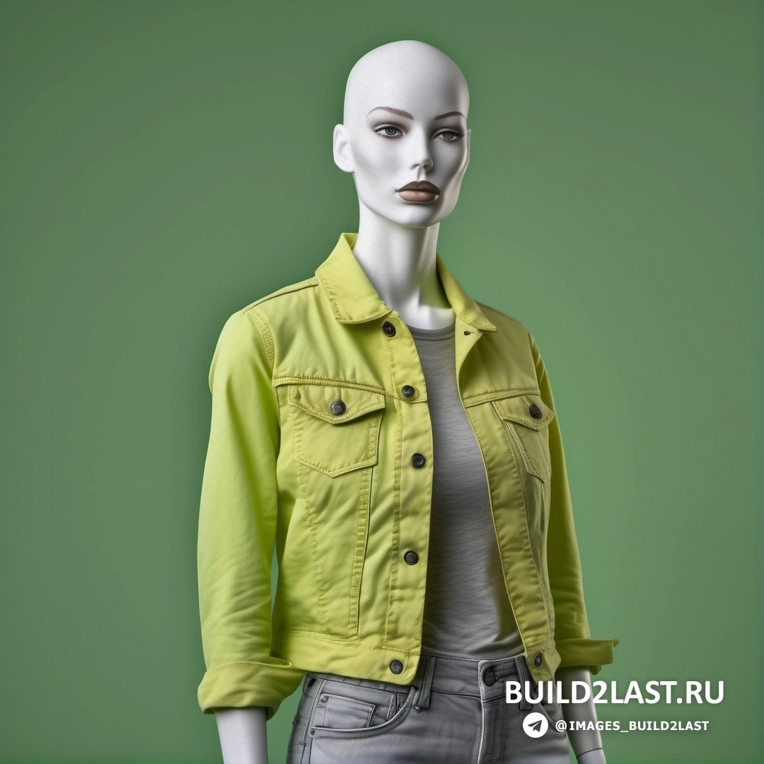 Постминимализм - 3D рендер. Манекен в желтой куртке и джинсах с усами на лице.
