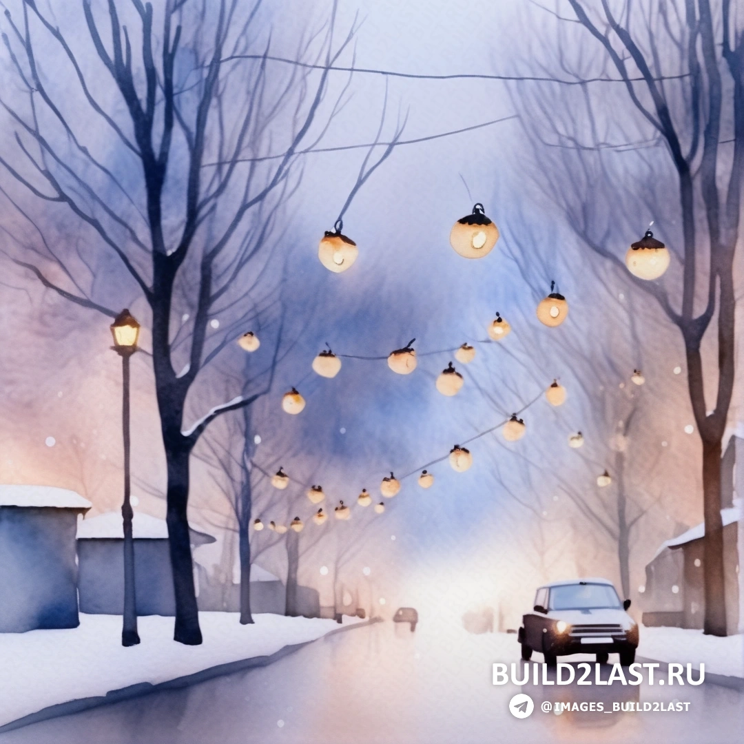 машина едет по улице рядом с засыпанным снегом фонарем и фонарями, свисающими с деревьев