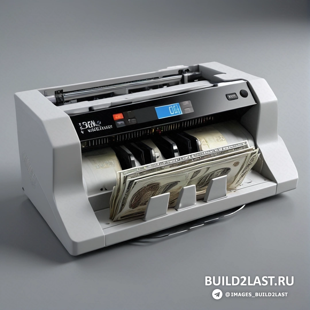 Концептуальное искусство - 3D-рендеринг. Машина с деньгами на столешнице с серым фоном