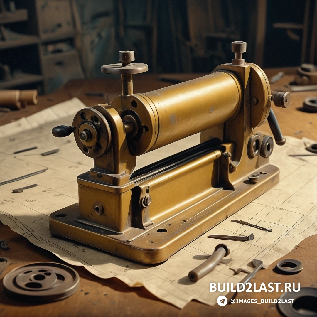 Движение декоративно-прикладного искусства - компьютерный рендеринг. Станок на столе с инструментами и листом бумаги рядом с ним.