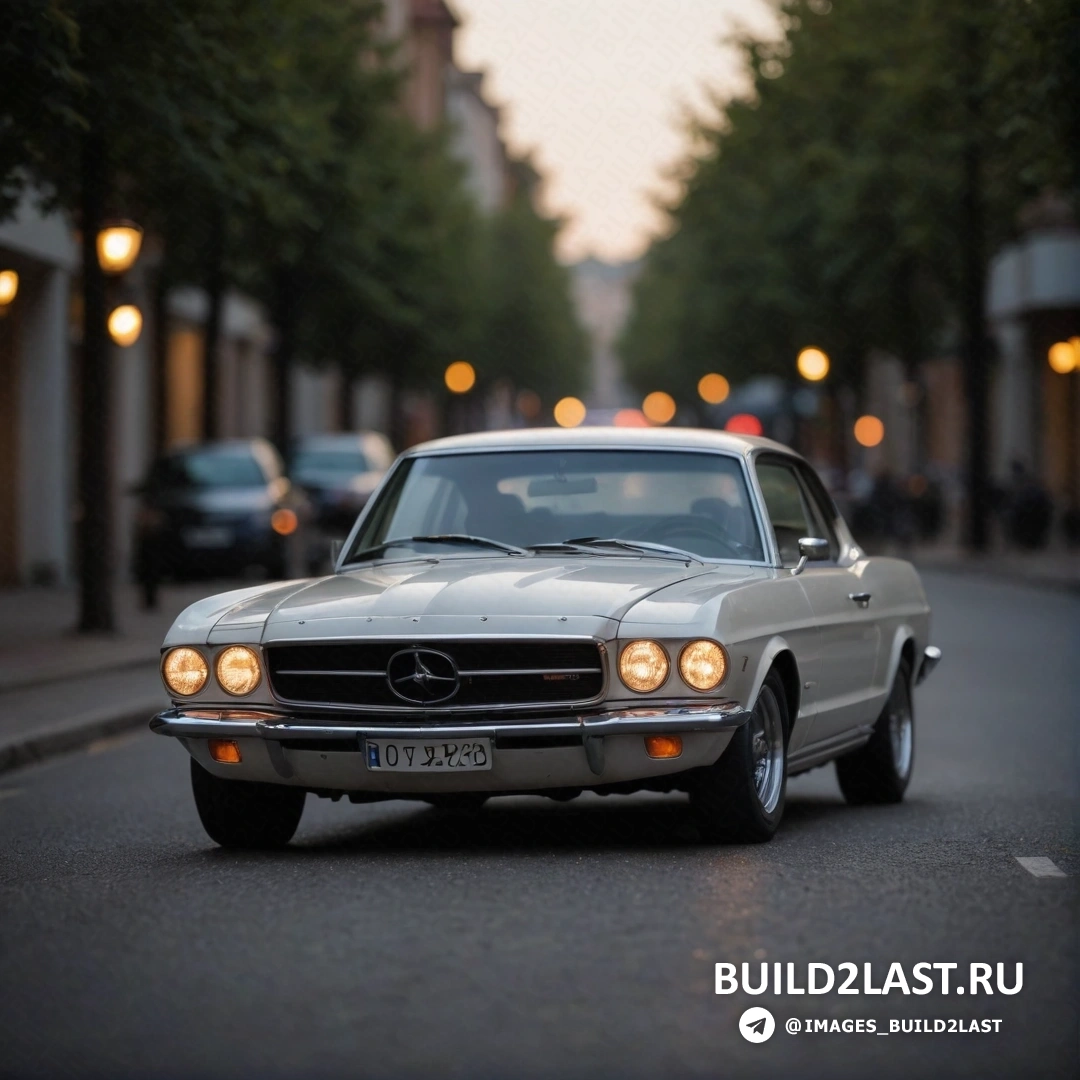 Фотореализм - фото со сдвигом наклона. Mercedes benz coupe едет по улице в сумерках с включенными фарами и машина, припаркованная на обочине дороги