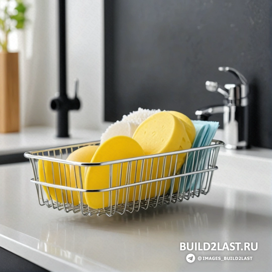 Суперплоский - 3D-визуализация. Металлическая корзина, наполненная желтыми и синими губками, на столешнице рядом с раковиной и краном