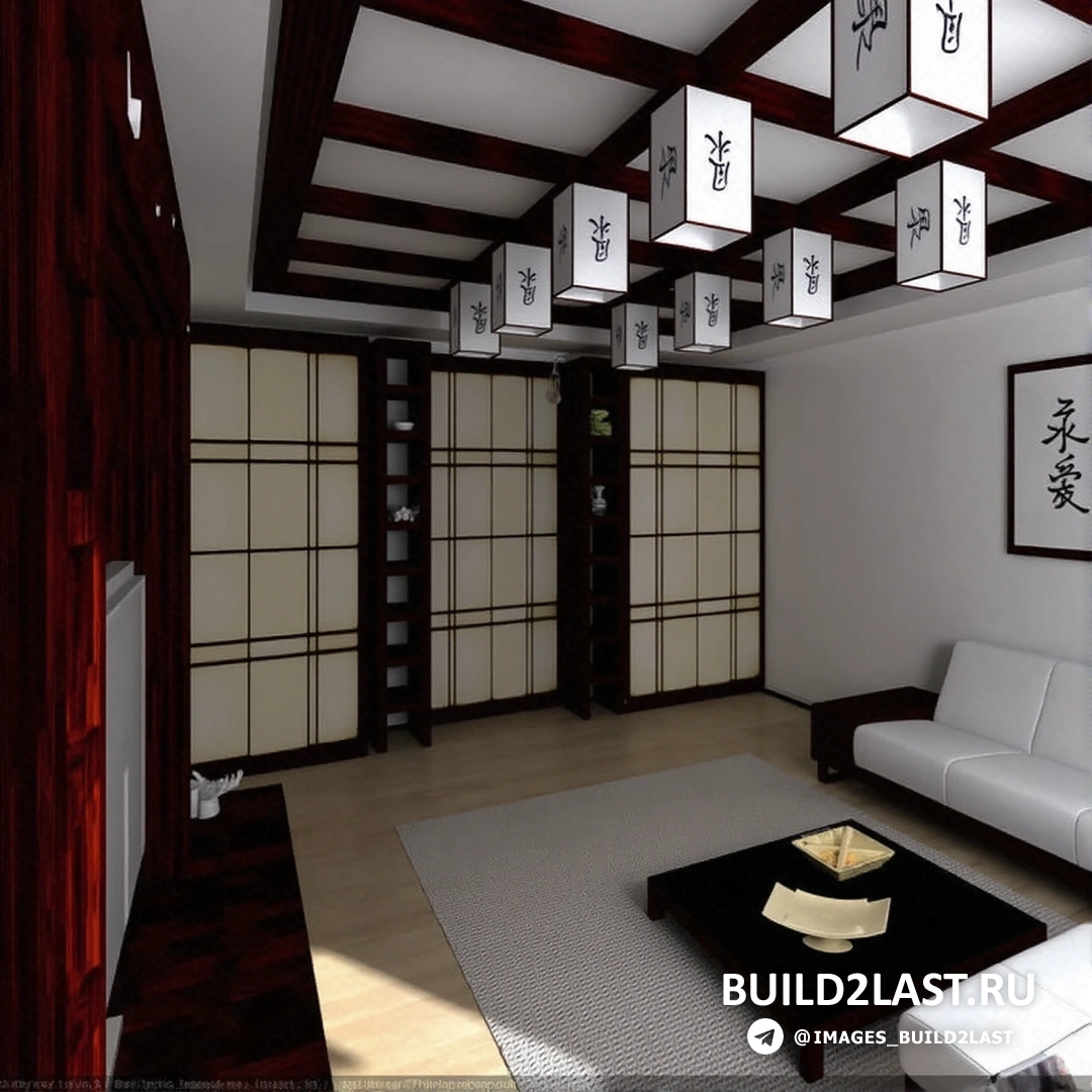 Интерьер в японском стиле с растениями и акцентом на светлые оттенки и чистые линии. Минималистичный интерьер с растениями в японском стиле, плавные линии и светлые оттенки.