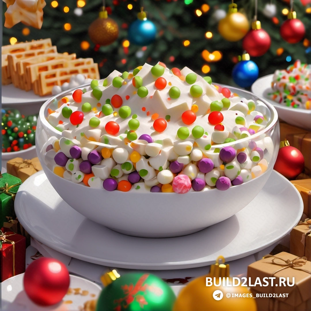 миска белого шоколада с конфетной посыпкой сверху и рождественская елка