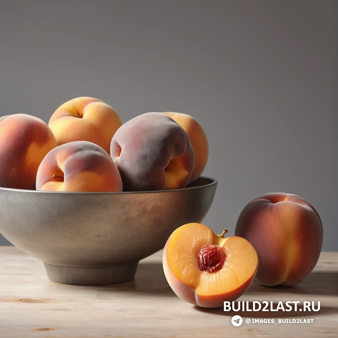 Суперплоский - натюрморт. Миска персиков и половинка персика на столешнице на сером фоне.