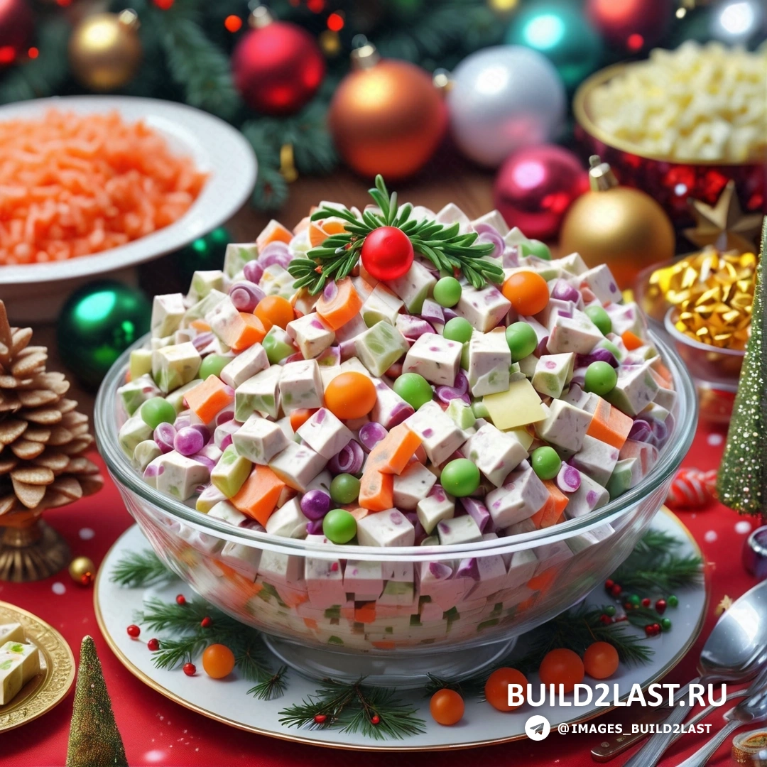 миска с едой на столе, другие продукты питания и рождественская елка