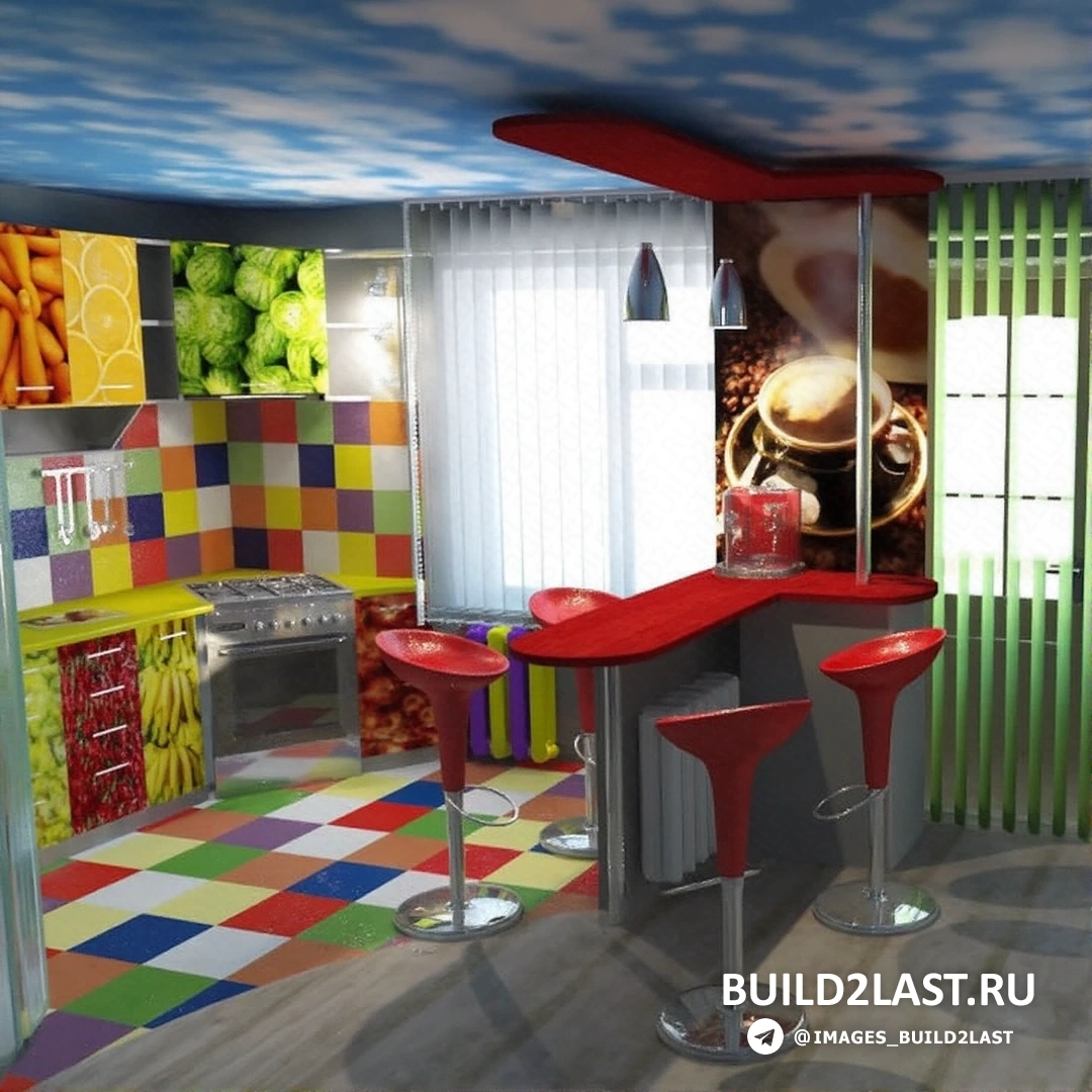 Модернистская кухня в стиле поп-арт с нестандартными предметами интерьера и яркими акцентами