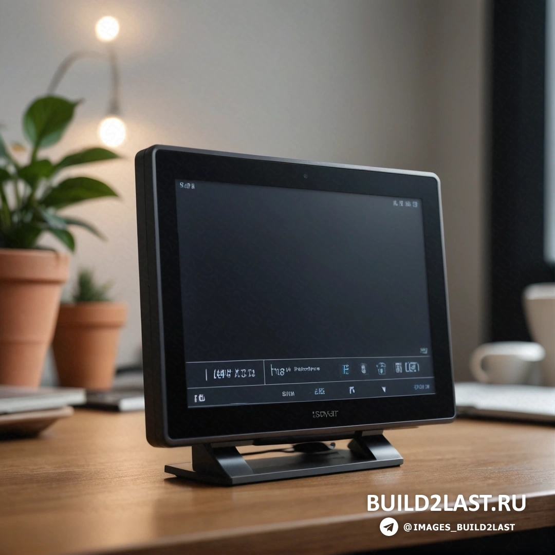 Пуризм - стоковая фотография. Монитор компьютера на деревянном столе рядом с растением в горшке и ноутбуком