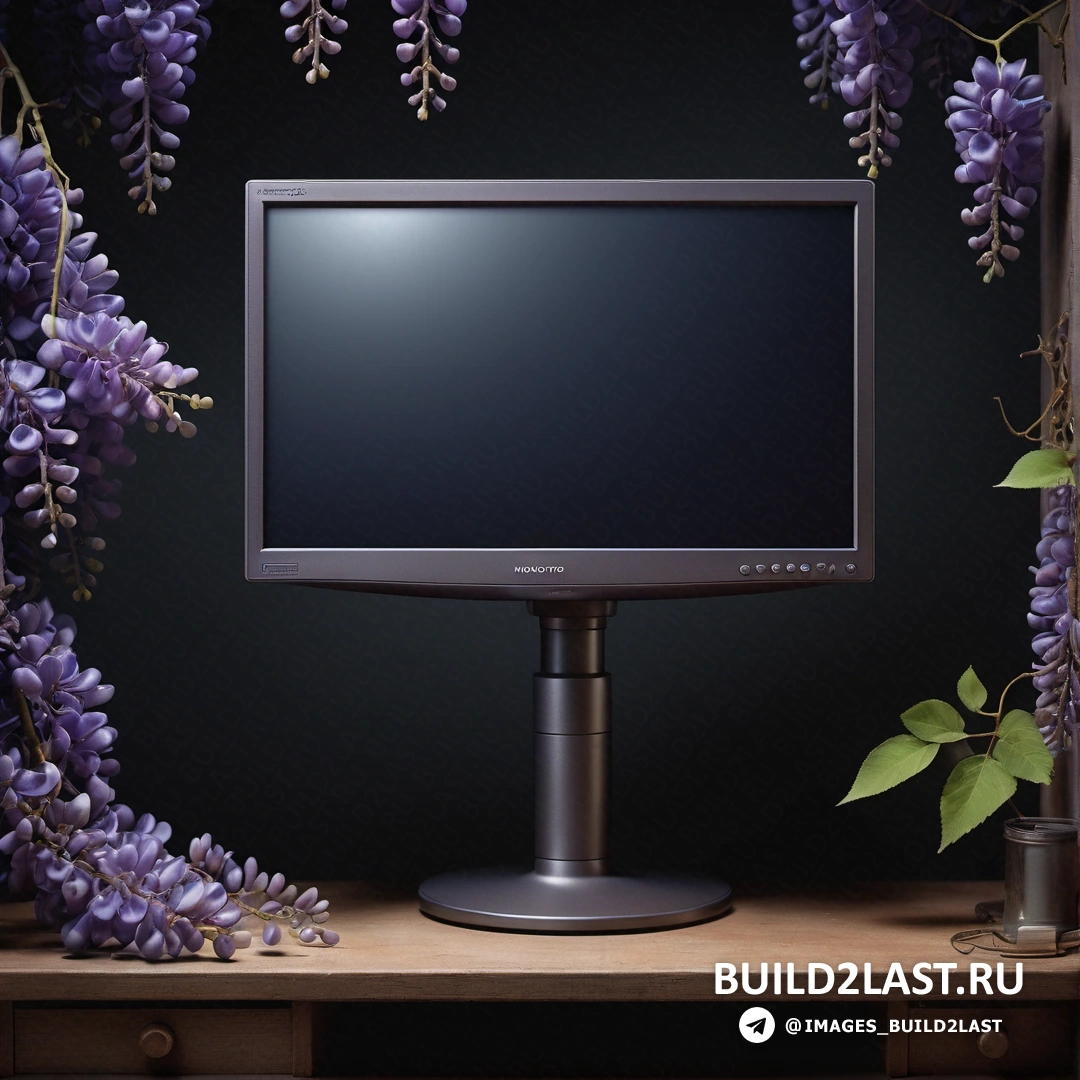 Net art - компьютерный рендеринг. Монитор компьютера на деревянном столе рядом с растением и банка газировки на столе.