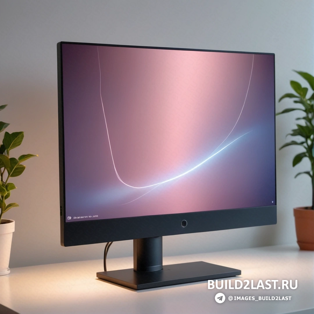 Пуризм - компьютерная визуализация. Монитор компьютера на столе рядом с растением в горшке