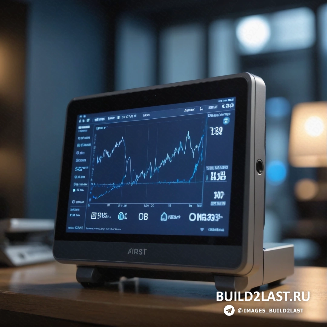 Пуризм - компьютерная визуализация. Монитор с линейным графиком на нем на столе в комнате с лампой