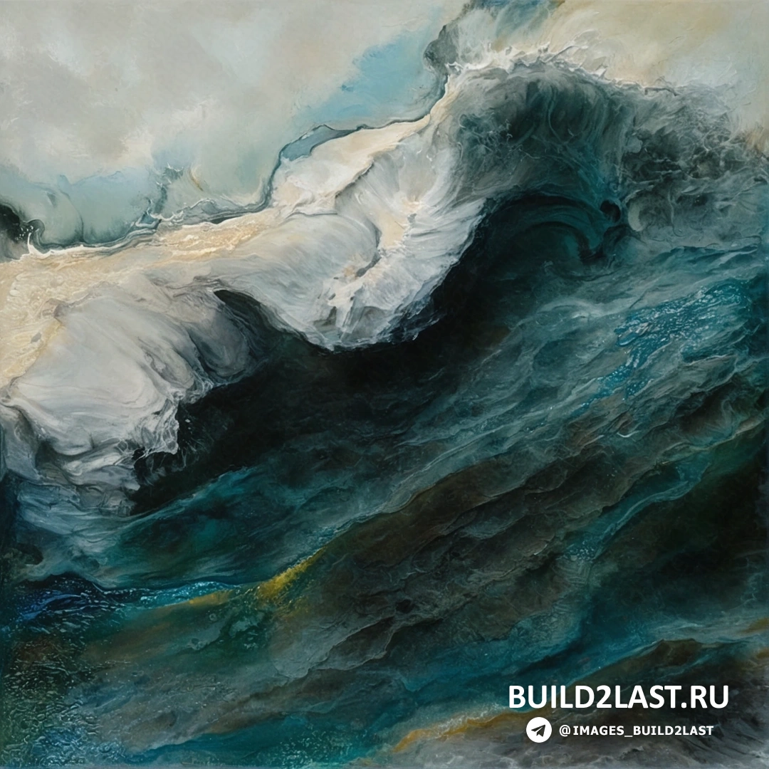 Мощная волна, поглощая все на своем пути, с яркими вспышками молний на фоне туманного горизонта.