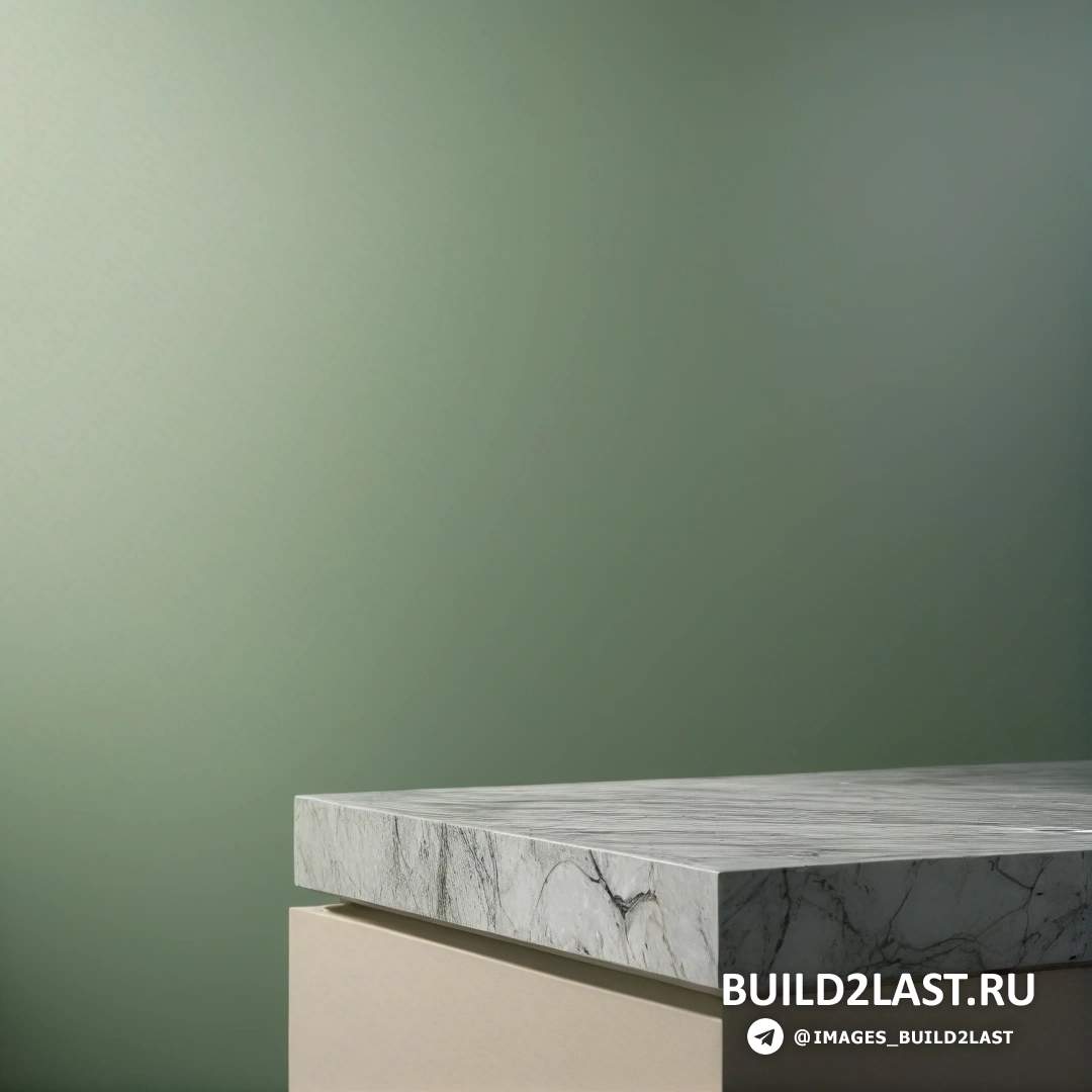 Фотореализм - 3D-рендер. Мраморная столешница на белом постаменте на фоне зеленой стены с отражением света на нем и черным