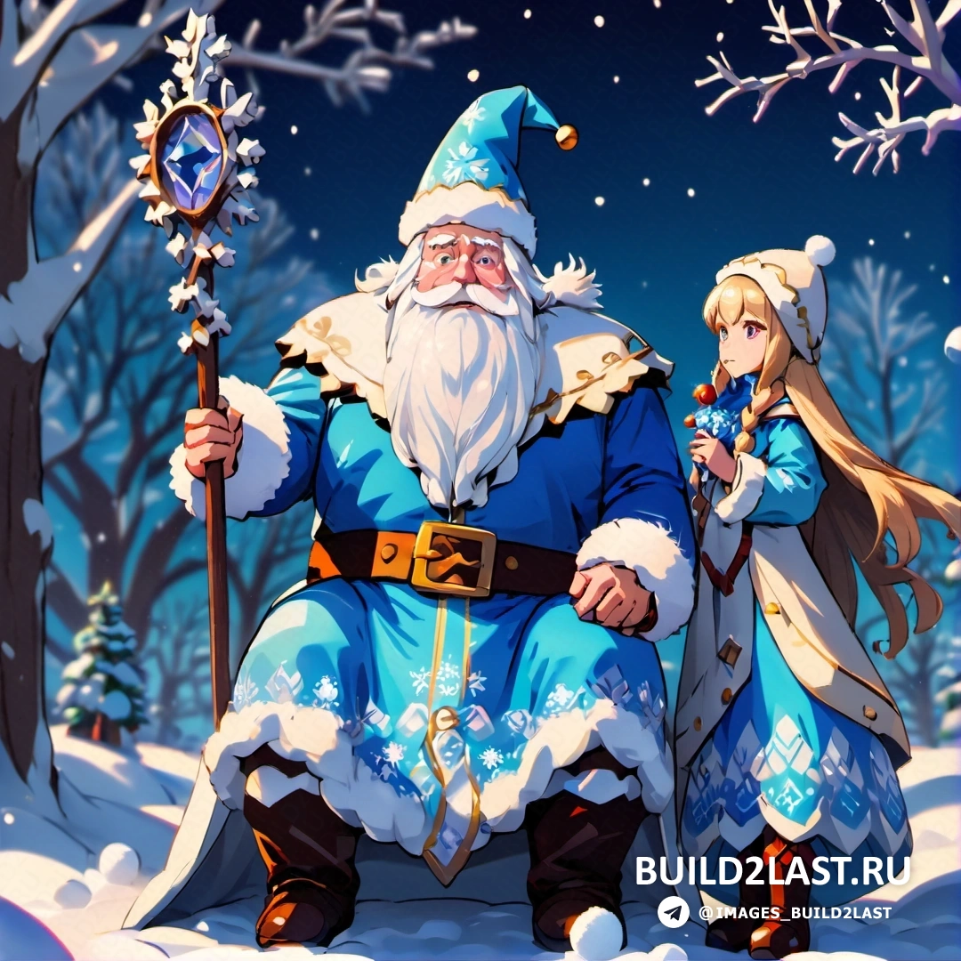 мультфильм Санта-Клауса и маленькой девочки в снегу с часами в руке и снеговиком