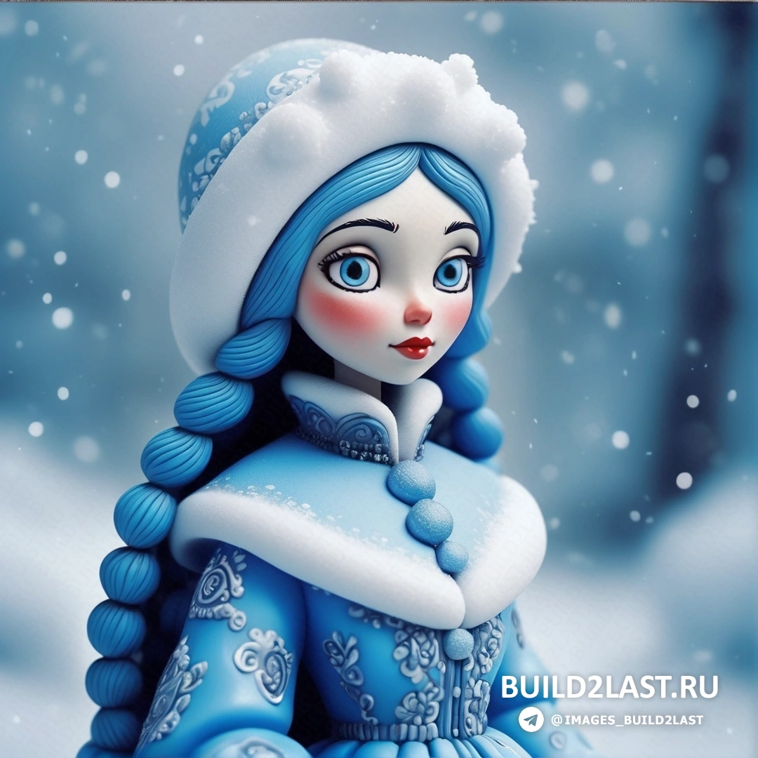 Снегурочка в синем платье и шляпе на снегу со снежинкой на голове