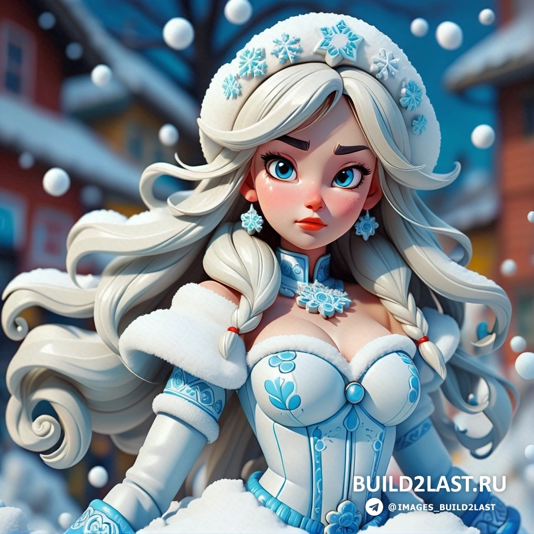 Снегурочка в зимнем костюме и шапке со снегом