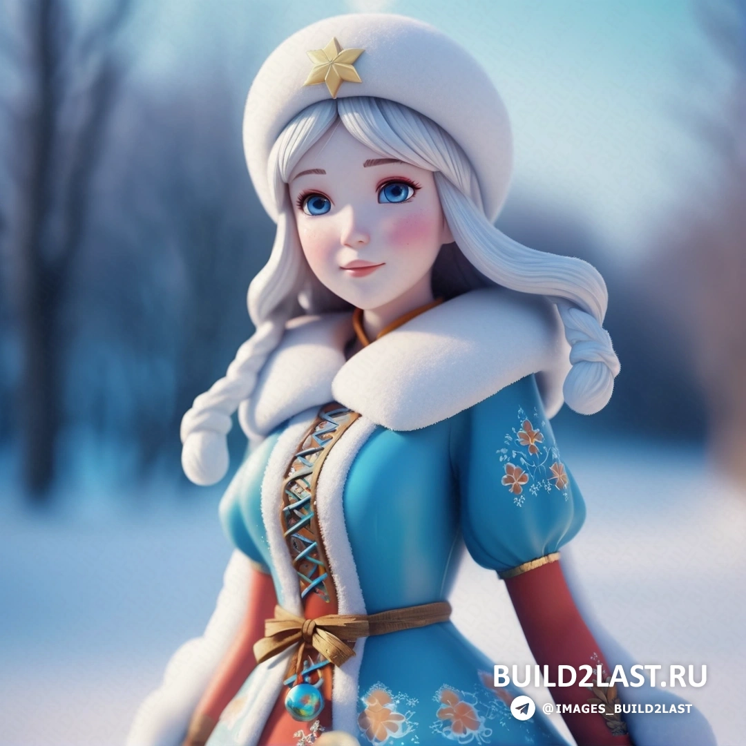 мультипликационный персонаж Снегурочка, одетый в синее платье и шляпу на снегу, со звездой на голове и в белой шляпе
