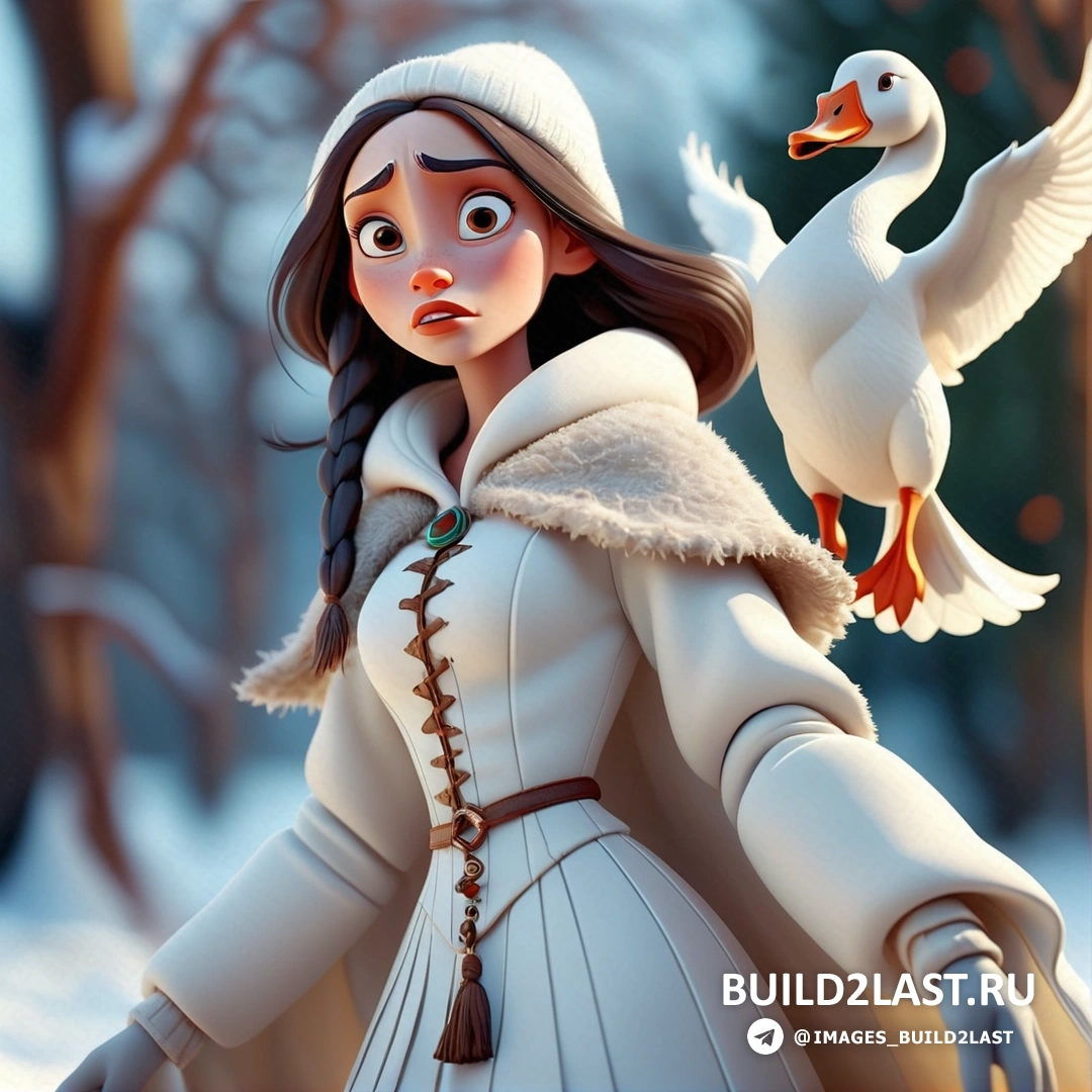 мультяшная девушка в белом платье и утка в заснеженном лесу с деревьями и снегом на земле