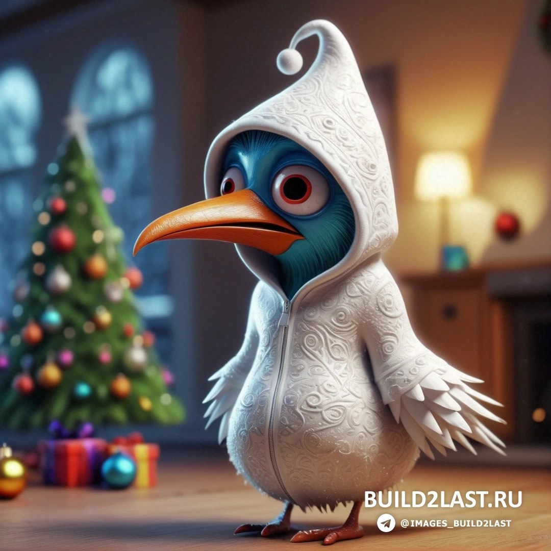 мультяшная птица в белой шляпе и рождественская елка с подарками на полу