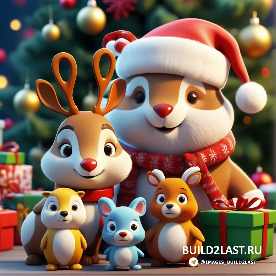 мультяшная рождественская сцена с семьей оленей с подарками под рождественской елкой