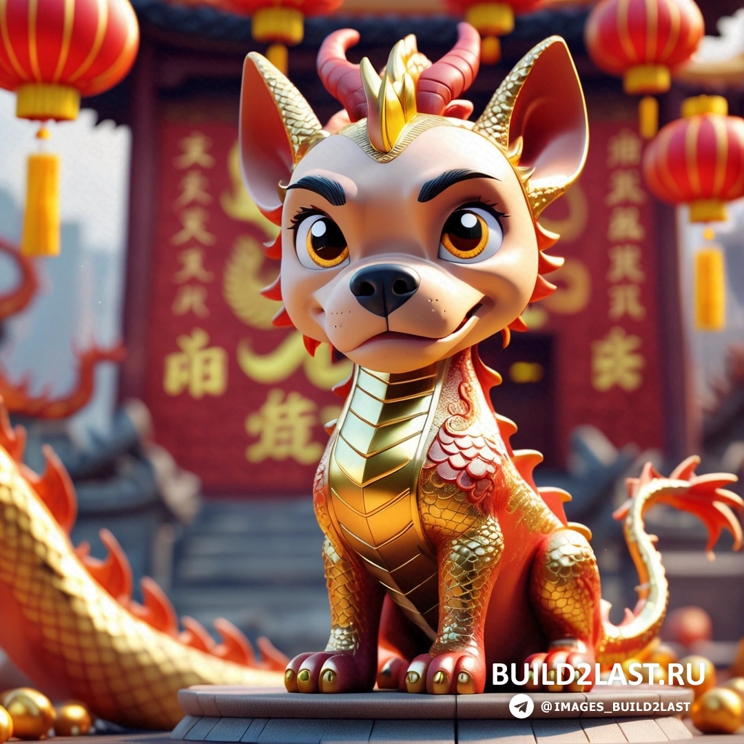 мультяшная собака с золотой короной на голове и драконьим хвостом, перед китайским зданием